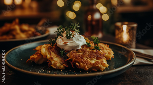 golden, crispy latkes on a plate, served with sour cream and applesauce, cozy holiday atmosphere, garnished with fresh herbs photo