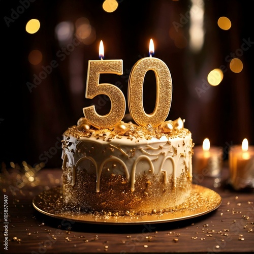 A beautifully decorated 50th birthday cake features golden numbers and candles, set on a table adorned with sparkling decorations, creating a festive atmosphere