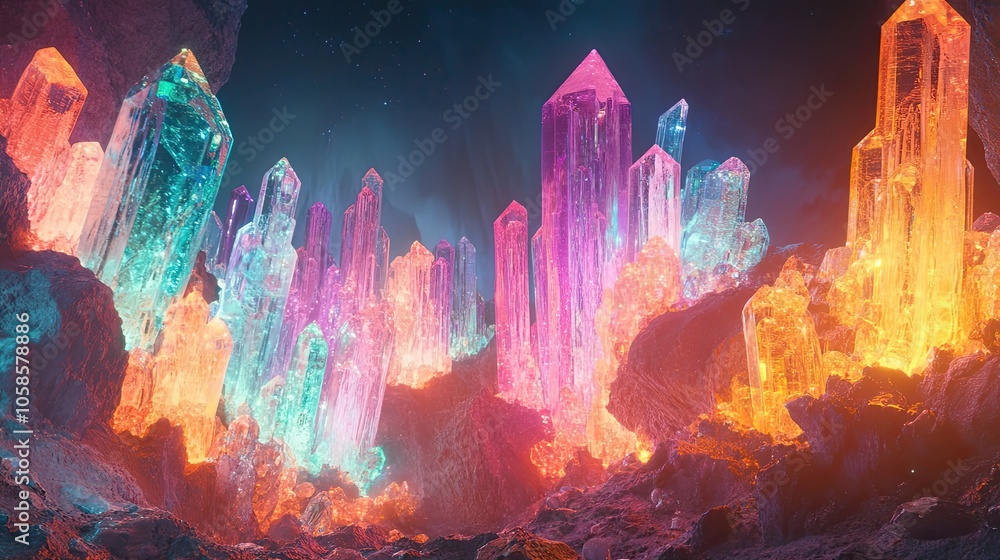 A Cave Filled With Vibrant, Glowing Crystal Formations A Cave Filled With Vibrant, Glowing Crystal Formations