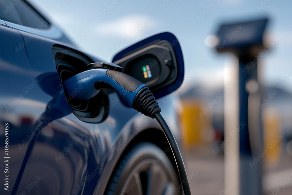Electric vehicles charging at a solar-powered station in a vibrant urban setting. Electric vehicles charging at a solar-powered station in a vibrant urban setting.