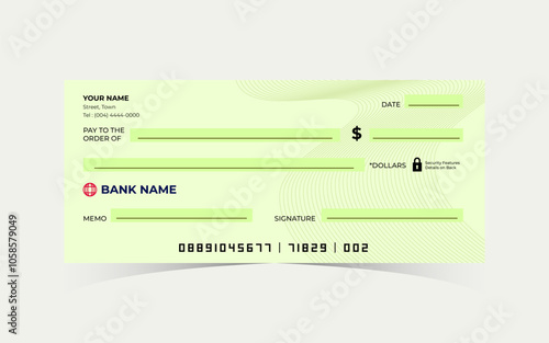 Blank template of the bank check. Checkbook cheque blank