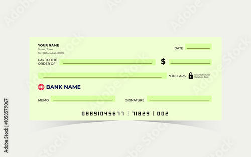 Blank template of the bank check. Checkbook cheque blank