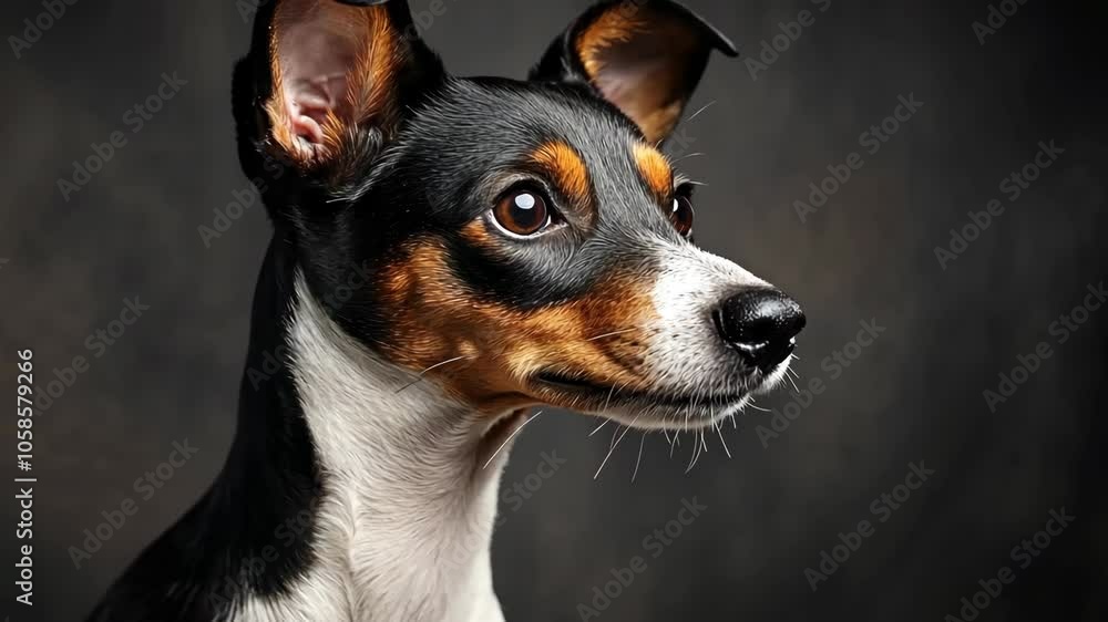 A black and white dog with brown markings looks intently to the right, captured against a dark background A black and white dog with brown markings looks intently to the right, captured against a dark background