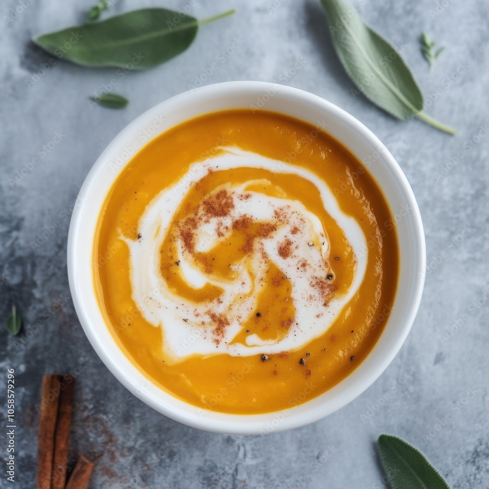 A delicious and creamy butternut squash soup with a swirl of cream and a sprinkle of cinnamon, served in a white bowl, Butternut squash soup centered A delicious and creamy butternut squash soup with a swirl of cream and a sprinkle of cinnamon, served in a white bowl, Butternut squash soup centered
