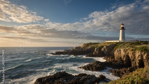 lighthouse on the coast of state country with a calm sea and fascinating sky, a painting wallpaper background 