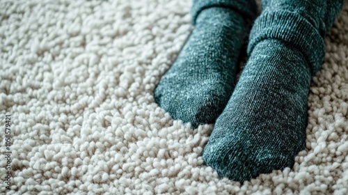 Close-up of feet in socks resting on a soft carpet, highlighting the cozy texture and comfort of the socks against the plush carpet surface with ample copy space. photo