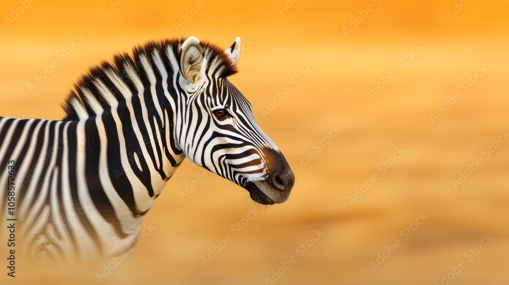 Naklejka premium A close-up view of a majestic zebra against a warm, golden background, showcasing its striking black and white stripes.