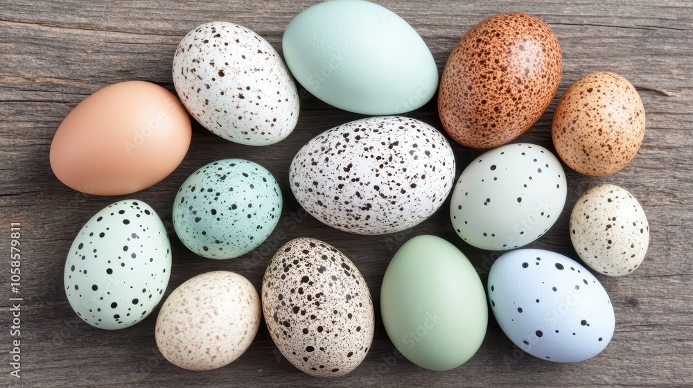 A collection of colorful speckled eggs arranged on a rustic wooden background, perfect for Easter or spring-themed decorations. A collection of colorful speckled eggs arranged on a rustic wooden background, perfect for Easter or spring-themed decorations.
