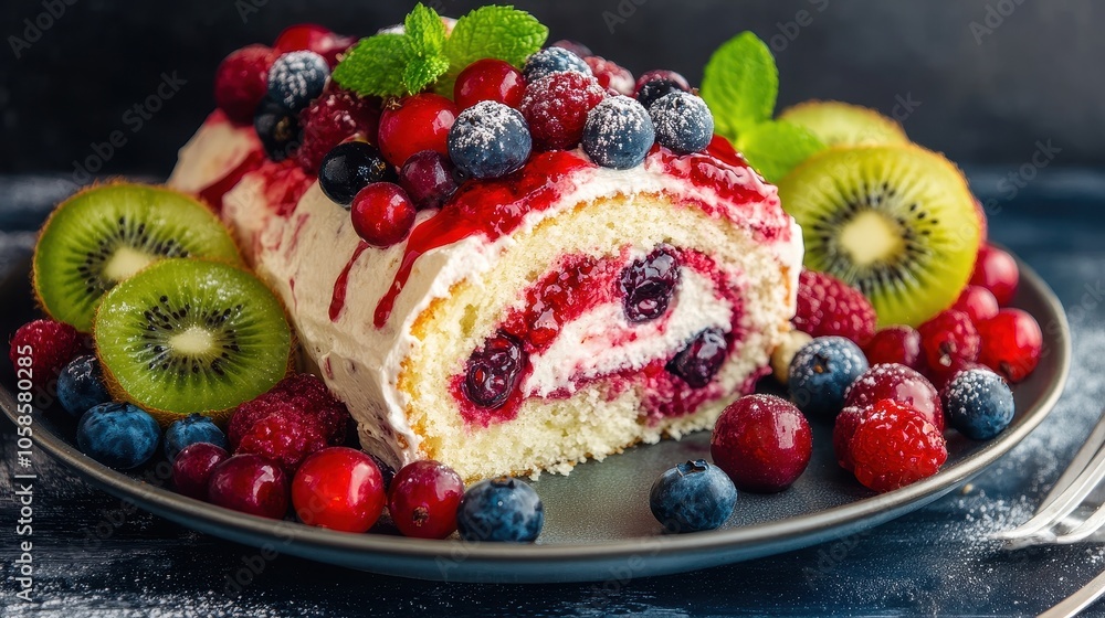 A delicious berry roll cake topped with fresh fruit and mint, perfect for dessert lovers and special occasions. A delicious berry roll cake topped with fresh fruit and mint, perfect for dessert lovers and special occasions.