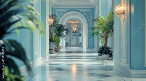 Blue Hallway with Plants