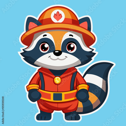 Hero raccoon firefighter sticker, brave, holding a fire hose nozzle