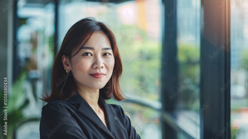 Confident businesswoman standing by the window in a modern office. Confident businesswoman standing by the window in a modern office.
