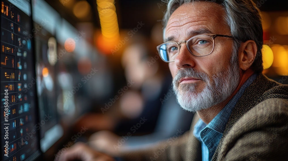 A focused man analyzes data on multiple screens in a modern setting. A focused man analyzes data on multiple screens in a modern setting.