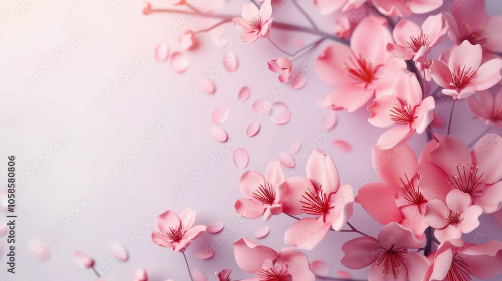 Delicate pink cherry blossoms with petals on a soft, blurred background. Delicate pink cherry blossoms with petals on a soft, blurred background.