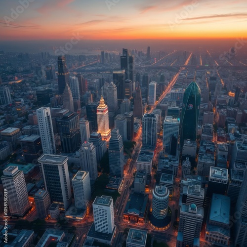 St martins in the bullring with sunrise over the digbeth district of birmingham uk shot from the rotunda landmark building aerial city Ultra realistic Photorealistic  photo