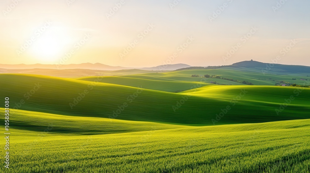 Obraz premium A serene landscape showcasing rolling green hills illuminated by a soft sunrise, perfect for nature and tranquility themes.