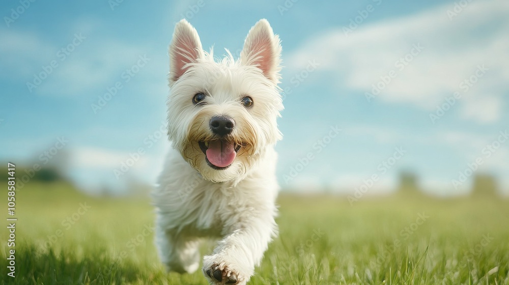 A cheerful white dog runs joyfully in a grassy field under a bright blue sky, capturing the essence of playful moments in nature. A cheerful white dog runs joyfully in a grassy field under a bright blue sky, capturing the essence of playful moments in nature.