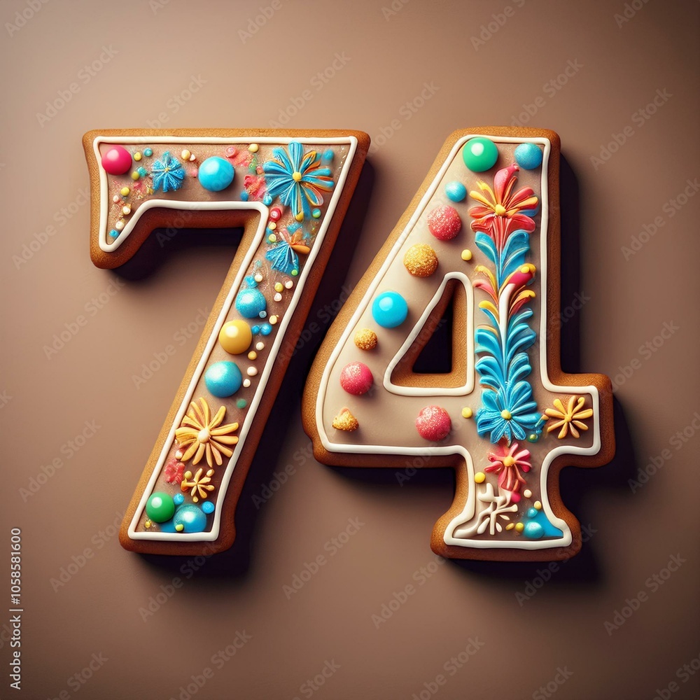Decorated cookie, number 74, image for birthday or anniversary celebration Decorated cookie, number 74, image for birthday or anniversary celebration
