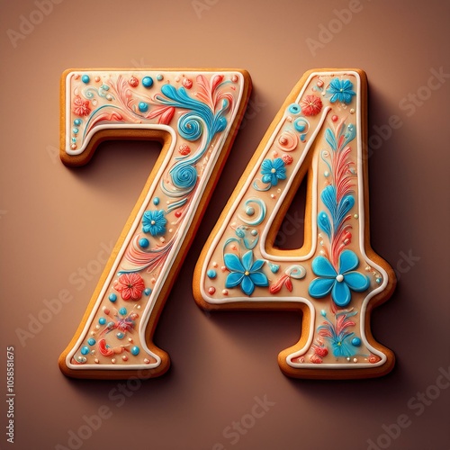 Decorated cookie, number 74, image for birthday or anniversary celebration