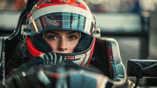 Female race car driver focused in helmet, intense expression, ready to race.