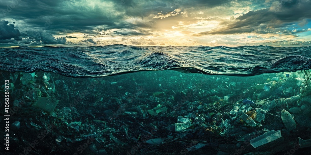 Fototapeta premium Close up view of the ocean reveals vast deep sea, showcasing how pollution and waste burden Mother Earth. Stunning photography captures our planets struggle with plastic in the sea.