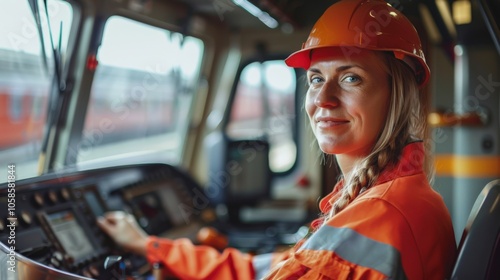 Female train driver in control room, wearing safety gear and smiling. photo