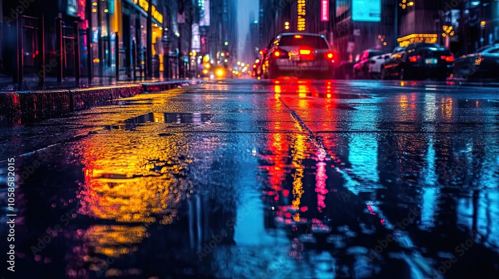 Reflections of City Lights on Wet Pavement After Rain Reflections of City Lights on Wet Pavement After Rain