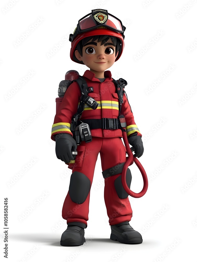 A 3D cartoon style of a young boy dressed as a firefighter wearing a red and yellow uniform helmet and holding a fire hose The character has a determined expression