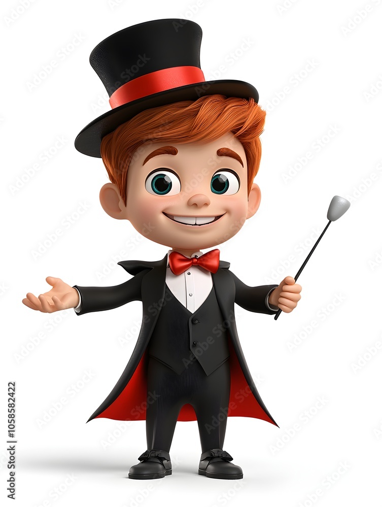 A 3D cartoon style of a young cheerful boy dressed as a magician in a black tuxedo and top hat performing a whimsical magic trick with a wand in his hand and a confident