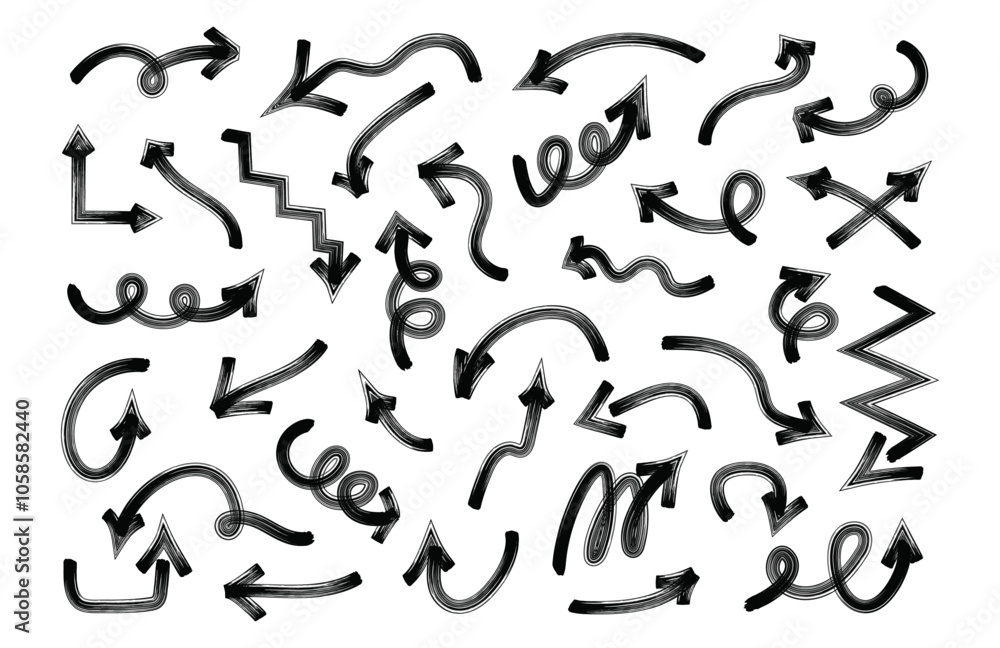 Marker hand drawn bold arrows set. Collection of doodle thick lines in different directions. Marker hand drawn bold arrows set. Collection of doodle thick lines in different directions.