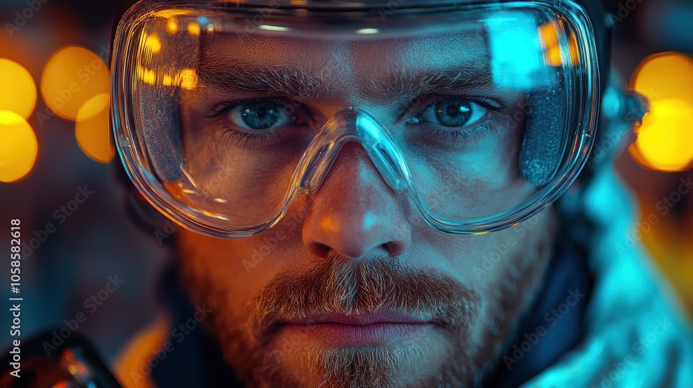 Close-up of a focused individual wearing protective goggles. Close-up of a focused individual wearing protective goggles.