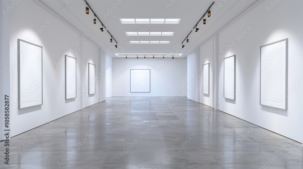 Modern art gallery with white walls and empty frames in minimalistic design. Modern art gallery with white walls and empty frames in minimalistic design.