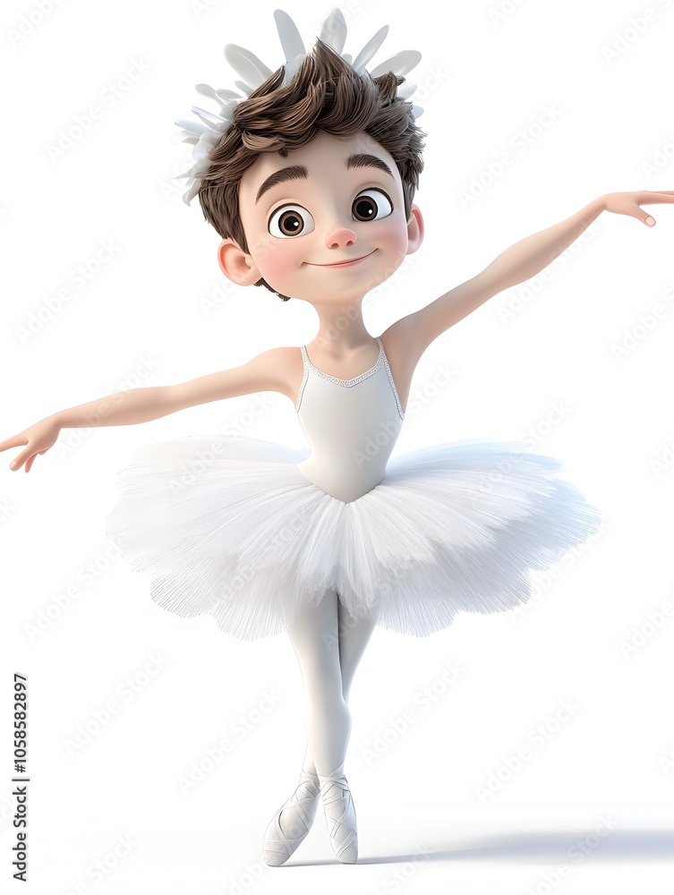 A lively 3D cartoon style image depicting a young energetic boy dressed in a ballet tutu and leaping with a cheerful playful expression