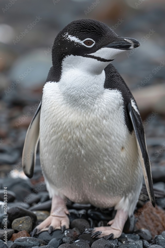 Obraz premium A solitary penguin standing on rocky terrain in Antarctica, showcasing its unique markings and natural habitat during the chilly daylight hours of the Antarctic summer