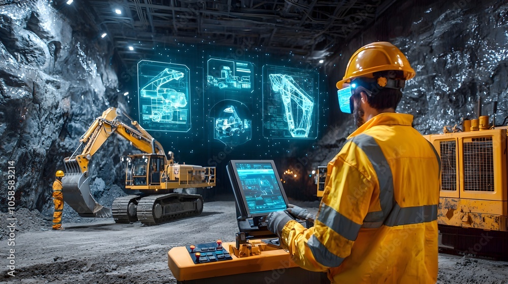 A photograph showcasing the use of advanced technology automation and digital controls in the of heavy machinery and equipment in the industrial mining and construction sectors