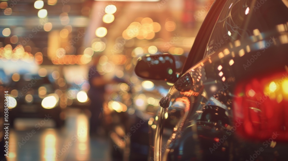 Hazy ambiance of a crowded car show with glimpses of shiny vehicles and individuals milling about. Hazy ambiance of a crowded car show with glimpses of shiny vehicles and individuals milling about.