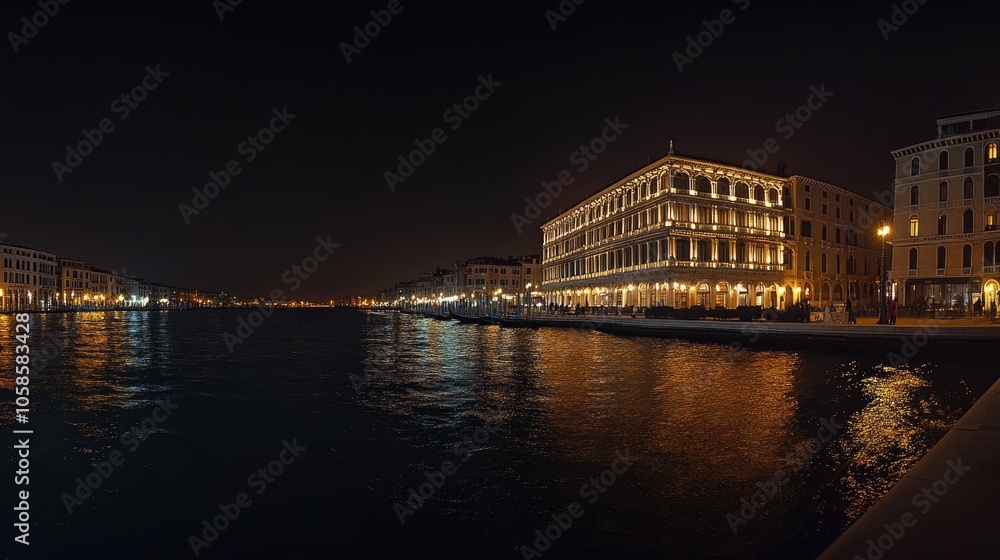 Fototapeta premium Panorama of Venice canals and illuminated buildings at night, the iconic city lights reflecting on calm water.