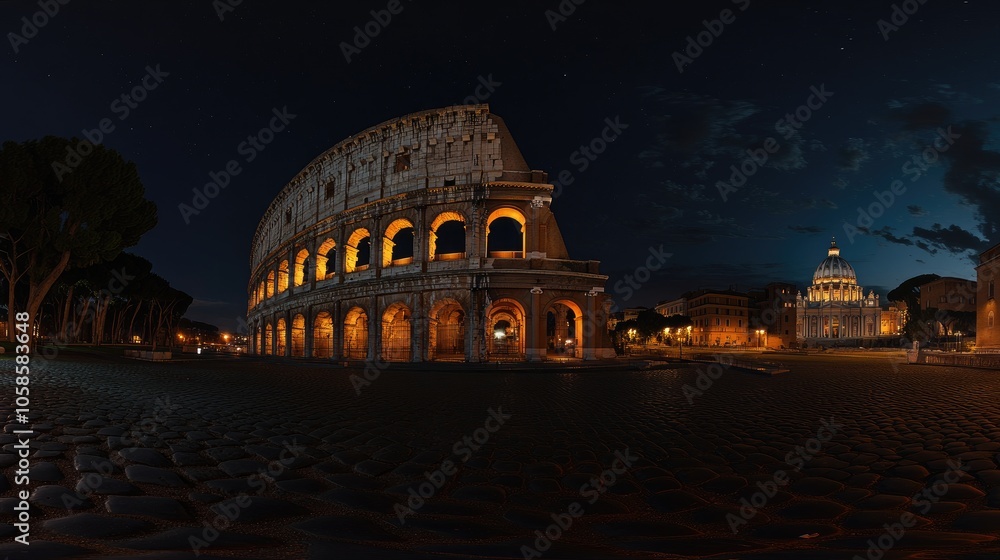 Naklejka premium Panoramic view of Rome historical sites at night, including the Colosseum and St. Peter's Basilica, alive with night lights.