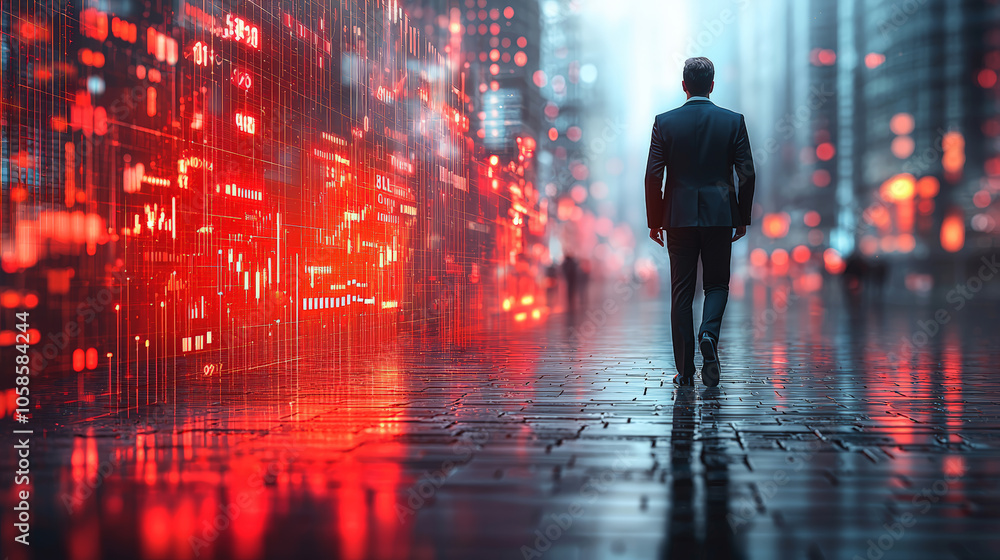A professional man in a suit confidently walks along a large, ascending 3D bar graph, symbolizing growth and success. Generative AI A professional man in a suit confidently walks along a large, ascending 3D bar graph, symbolizing growth and success. Generative AI