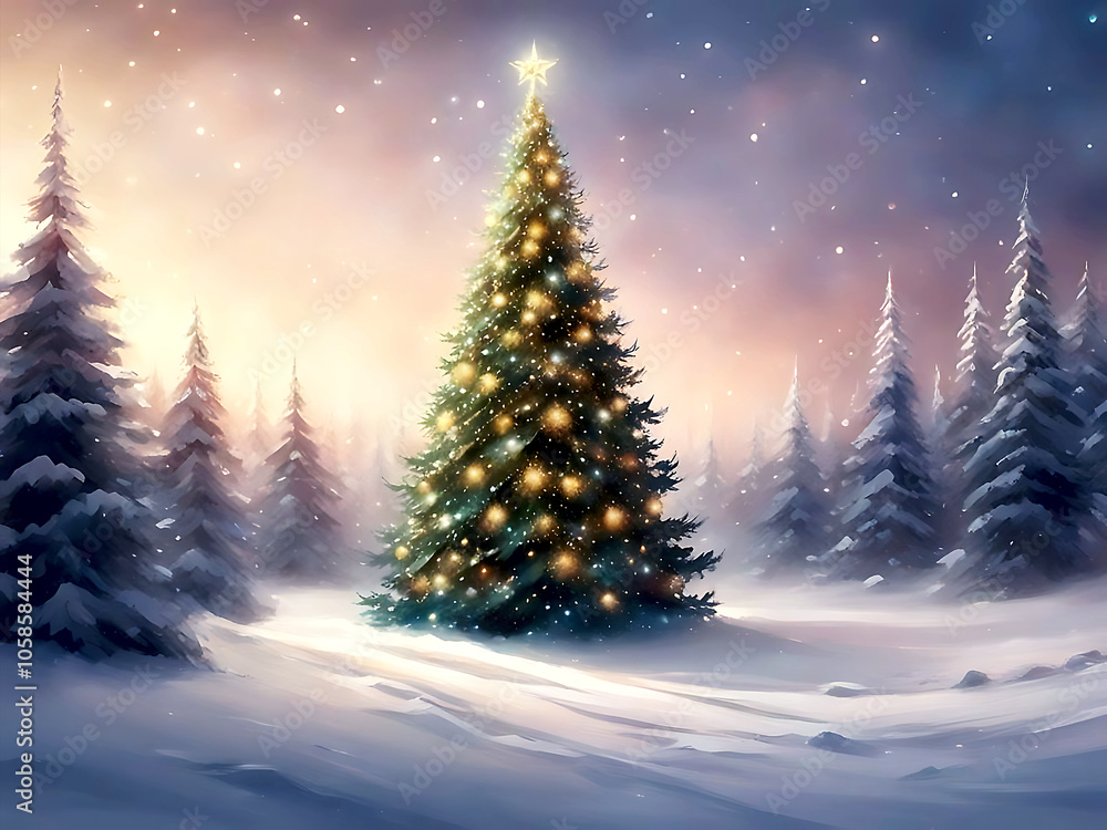 Illuminated Christmas tree in a snowy forest, decorated with lights and topped with a star, creating a serene winter holiday scene. Drawing in soft colors. Illuminated Christmas tree in a snowy forest, decorated with lights and topped with a star, creating a serene winter holiday scene. Drawing in soft colors.