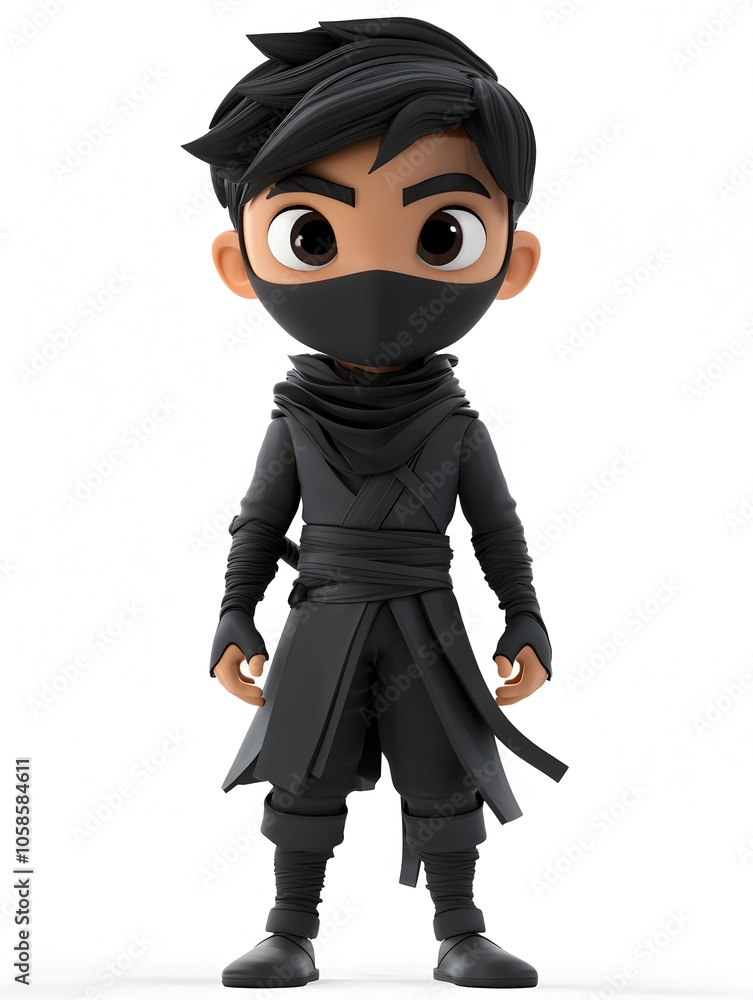 A young cartoon style character portraying a ninja warrior in a black costume holding a sword and prepared for combat and stealth missions