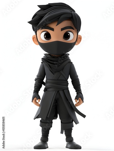 Obraz na płótnie A young cartoon style character portraying a ninja warrior in a black costume holding a sword and prepared for combat and stealth missions w salonie