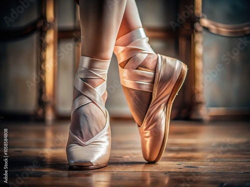 Macro lens reveals the delicate details of a ballerina's pointe shoes, a tribute to her artistry.