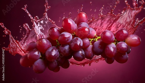 bunches of red grapes are suspended in a splash of grape juice, forming a striking visual.