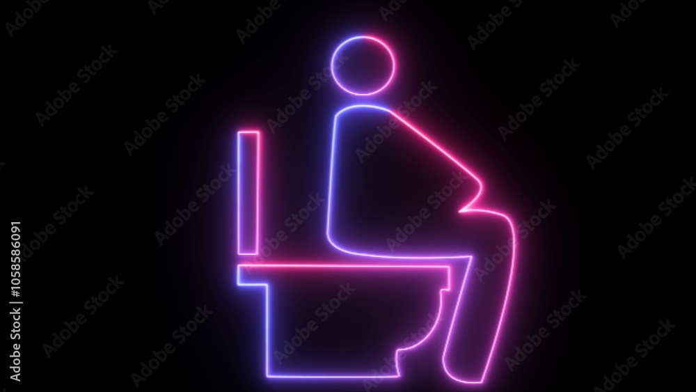 Glowing neon line Men sitting on the toilet and Constipation are experiencing severe abdominal pain icon on black background. Glowing neon line Men sitting on the toilet and Constipation are experiencing severe abdominal pain icon on black background.