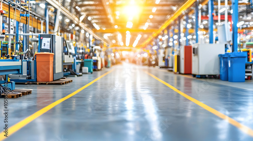 Bright industrial factory interior with machinery