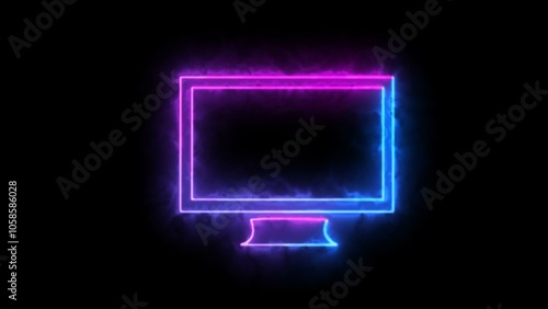 Abstract neon shine, monitor icon animation. Abstract neon monitor icon on black background.