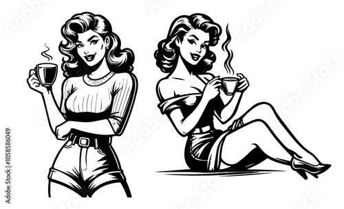 pinup girl drink coffee, black vector illustration, pin-up woman silhouette character