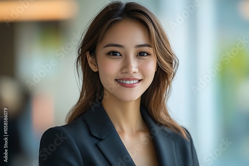 Confident Asian Businesswoman in Black Blazer Smiling