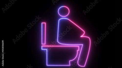 Glowing neon line Men sitting on the toilet and Constipation are experiencing severe abdominal pain icon on black background.